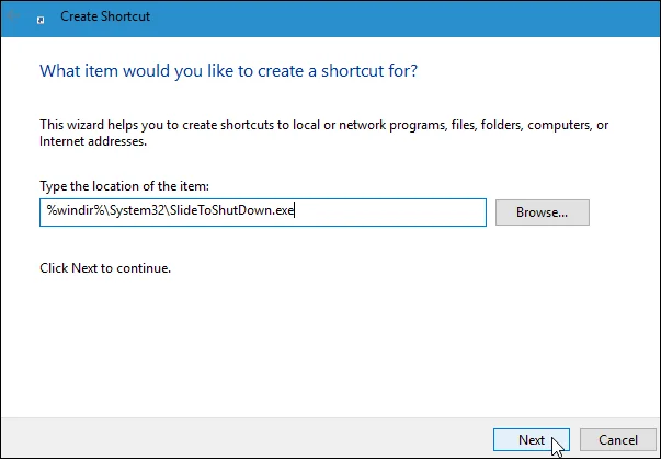 Instruktioner för att skapa Slide to Shut Down-genväg på Windows 10-dator