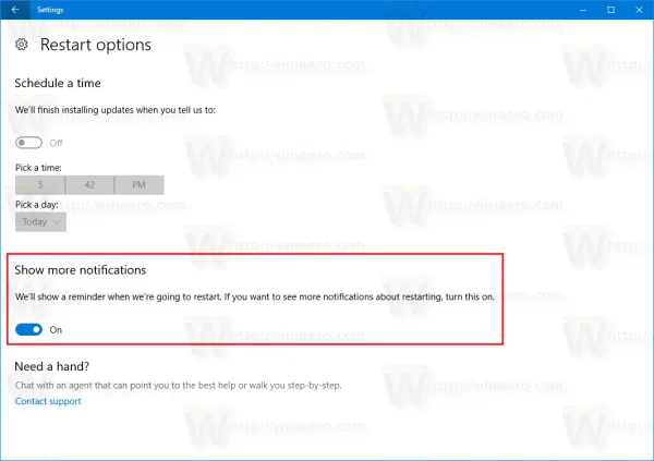 Активиране на известия за рестартиране на актуализация в Windows 10
