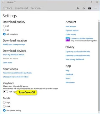 Så här aktiverar/inaktiverar du uppspelning i helskärmsläge i appen Filmer och TV på Windows 10