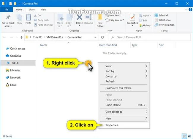 Så här ändrar eller återställer du standardplatsen för mappen Kamerarulle i Windows 10