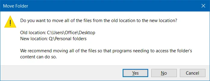 Flytta skrivbordet, nedladdningar och dokument till en annan enhet i Windows 10
