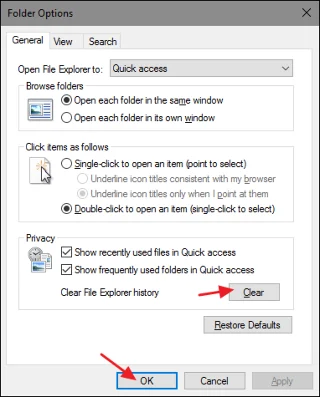 Rensa sökhistorik för senaste filer i File Explorer Windows 10