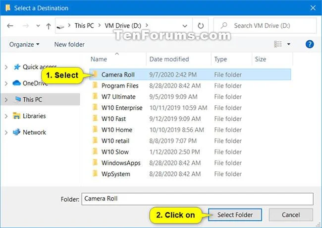 Så här ändrar eller återställer du standardplatsen för mappen Kamerarulle i Windows 10