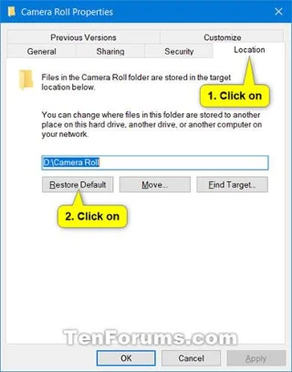 Så här ändrar eller återställer du standardplatsen för mappen Kamerarulle i Windows 10