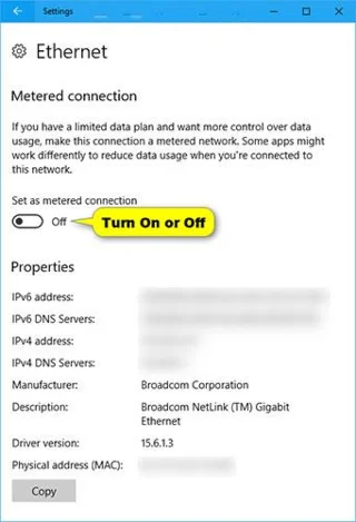 Как да активирате/деактивирате функцията за измерване на Ethernet връзка в Windows 10