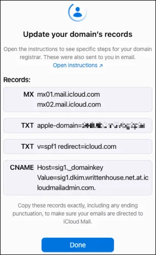 Instruktioner för att konfigurera en anpassad e-postdomän på iCloud