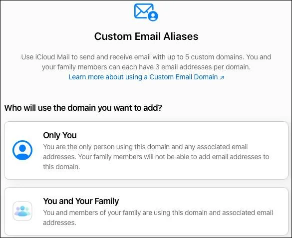 Instruktioner för att konfigurera en anpassad e-postdomän på iCloud