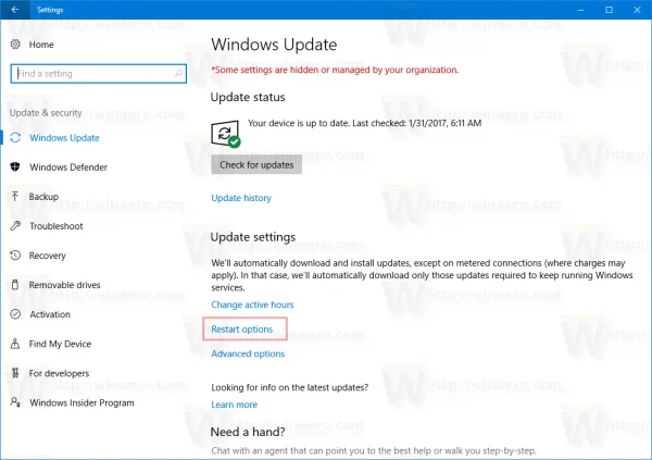 Активиране на известия за рестартиране на актуализация в Windows 10
