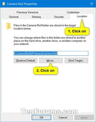 Så här ändrar eller återställer du standardplatsen för mappen Kamerarulle i Windows 10