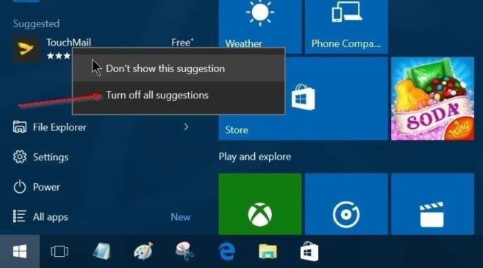 Hur stänger jag av förslag på programnedladdning på Windows 10 Start-menyn?