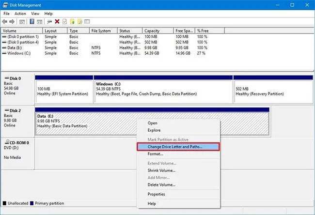 Instruktioner för att montera en hårddisk i en mapp på Windows 10