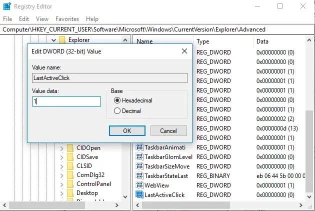 Så här aktiverar du Last Active Click för Windows 10 Aktivitetsfältet