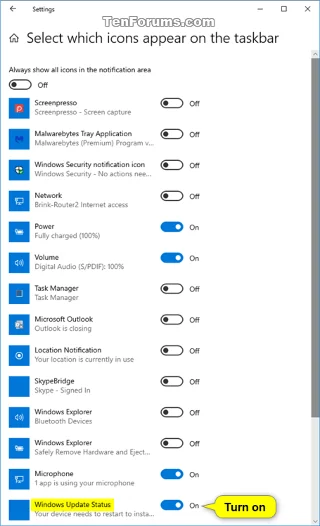 Jak zapnout/vypnout ikonu Windows Update Status v oznamovací oblasti hlavního panelu v systému Windows 10