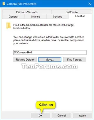 Så här ändrar eller återställer du standardplatsen för mappen Kamerarulle i Windows 10