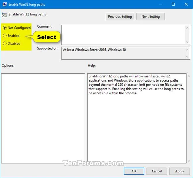 Hur man aktiverar/inaktiverar Aktivera Win32 long paths policy i Windows 10