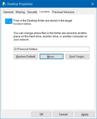 Flytta skrivbordet, nedladdningar och dokument till en annan enhet i Windows 10